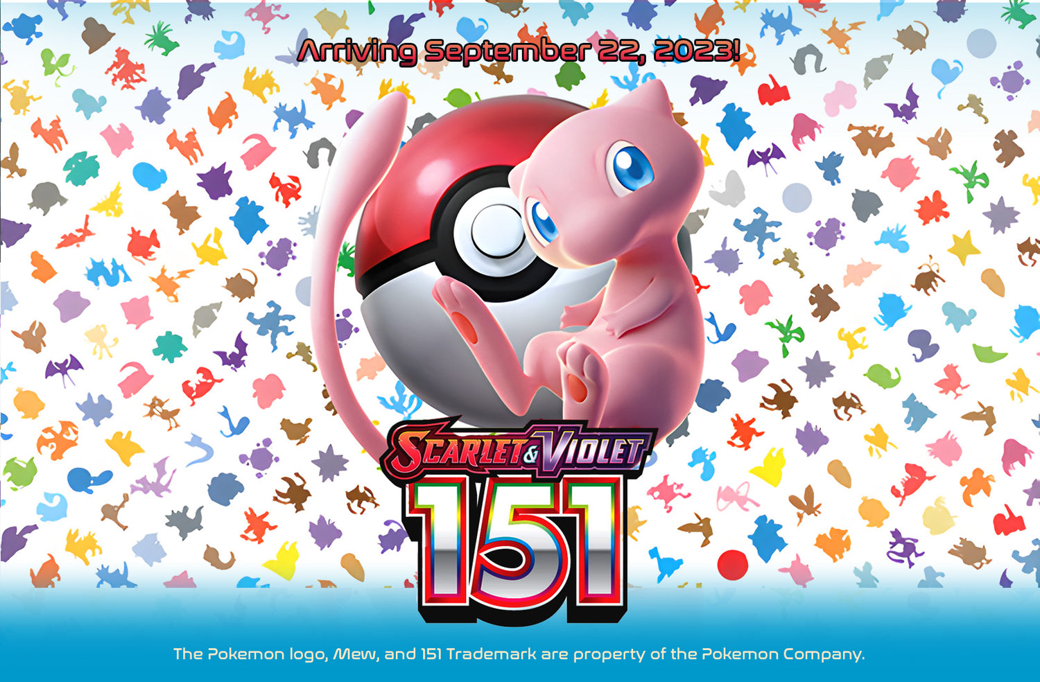 mew is sitting in front of a pokeball with 151 behind him. Several silhouettes of pokemon are arranged in bright colours in the background.