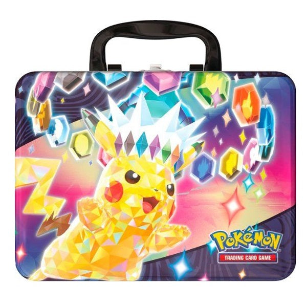 A lunchbox showcases an image of a yellow pikachu atop a bright background. The pikachu is wearing a crown of jewels.