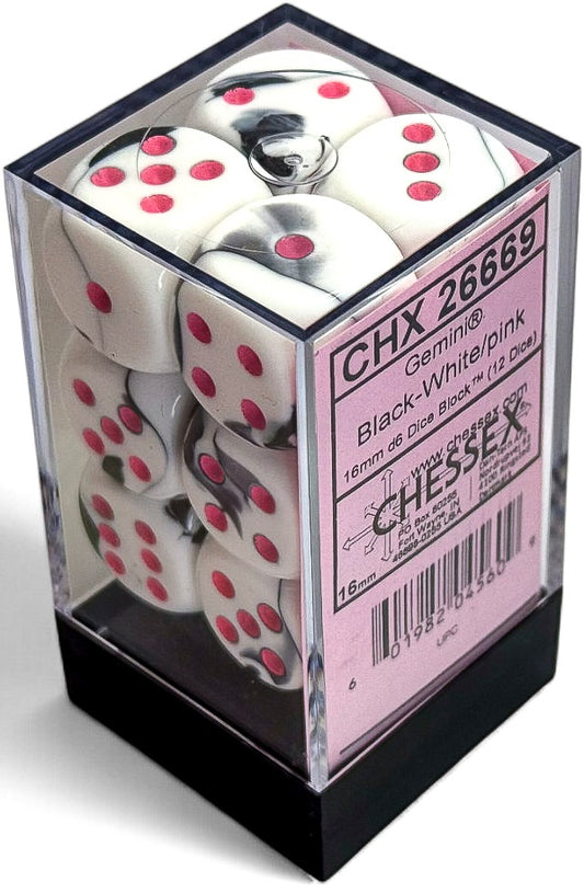 Chessex Gemini Black-White/pink 16mm D6 (12 Dice)