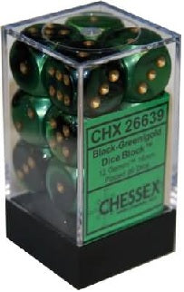 Chessex Gemini Black-Green/Gold 16mm D6 (12 Dice)
