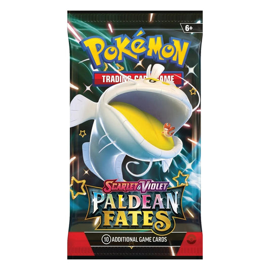 The pack art for the Paldean Fates booster pack shows a Dondozo and a Tatsugiri erupting into glorious victory