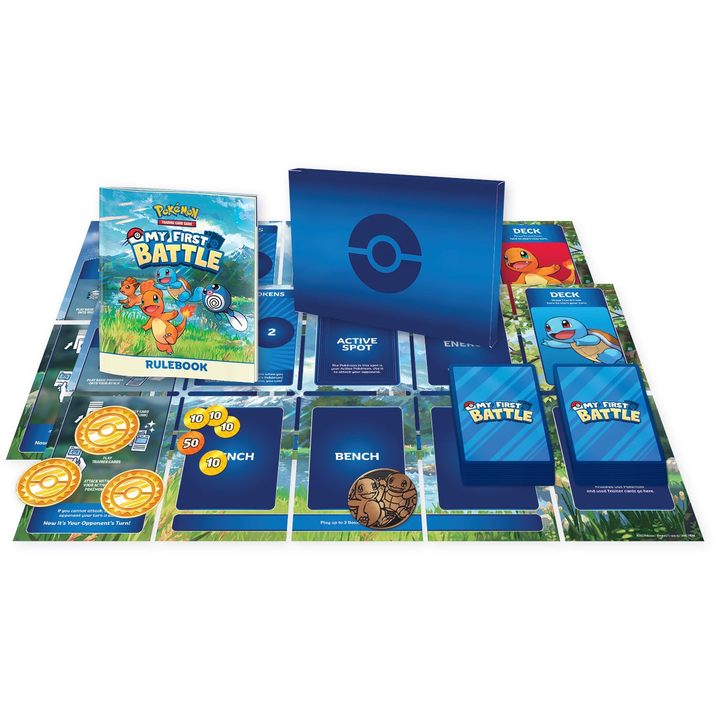 My first battle - contents, including rulebook, cards, damage counters, and squirtle/charmander coin