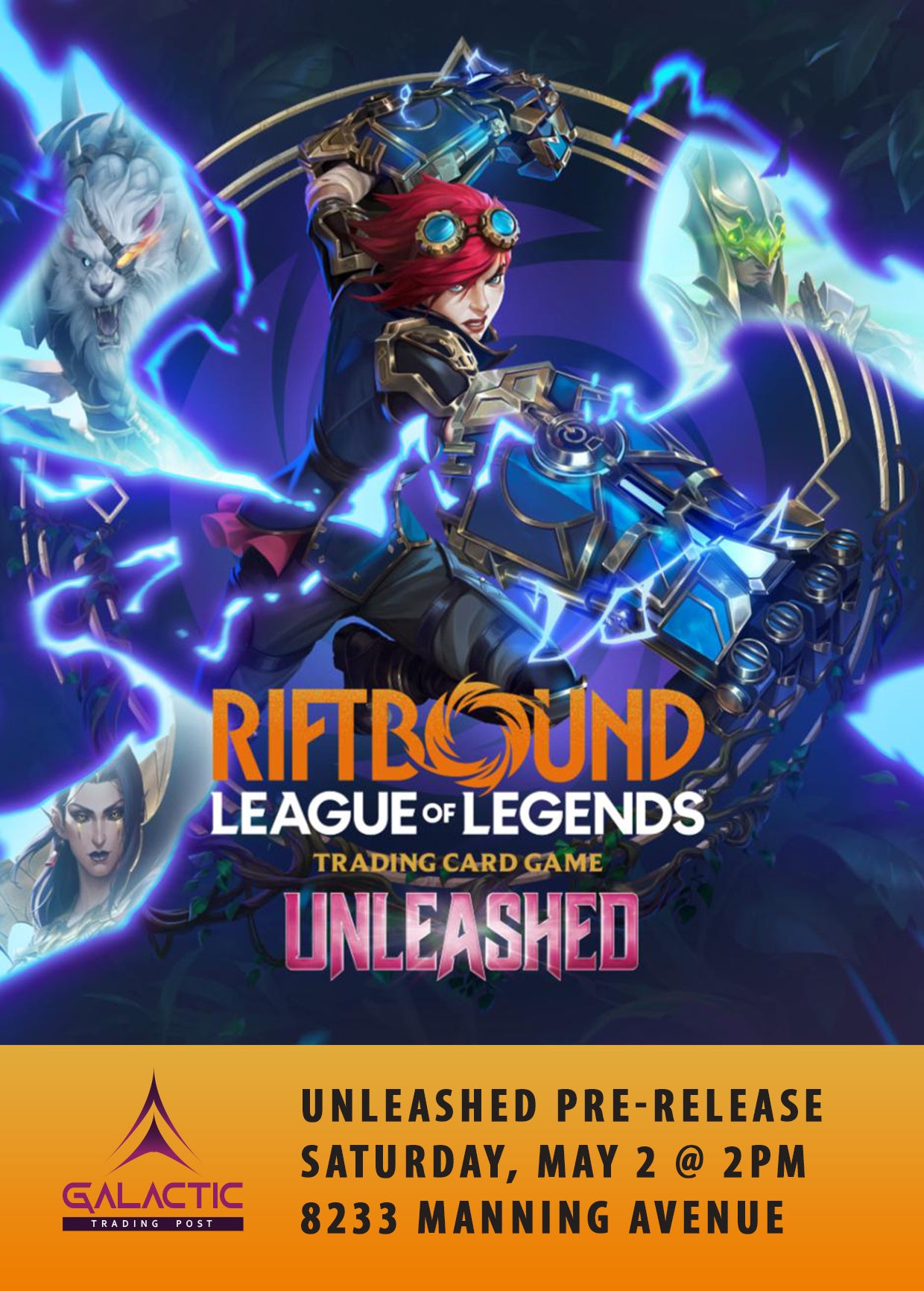 Promotional poster for 'Riftbound League of Legends Trading Card Game Unleashed' with characters and event details.