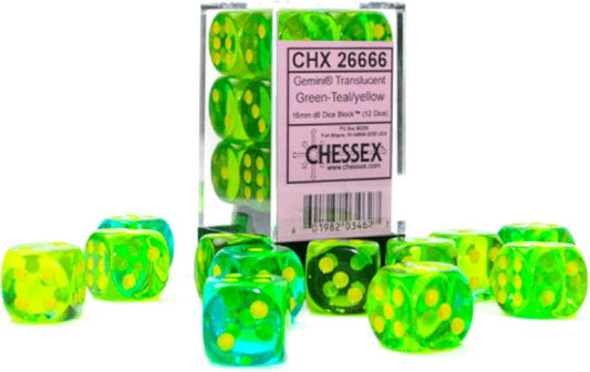 Chessex Gemini Translucent Grn-Teal/Yellow 16mm D6 (12 Dice)