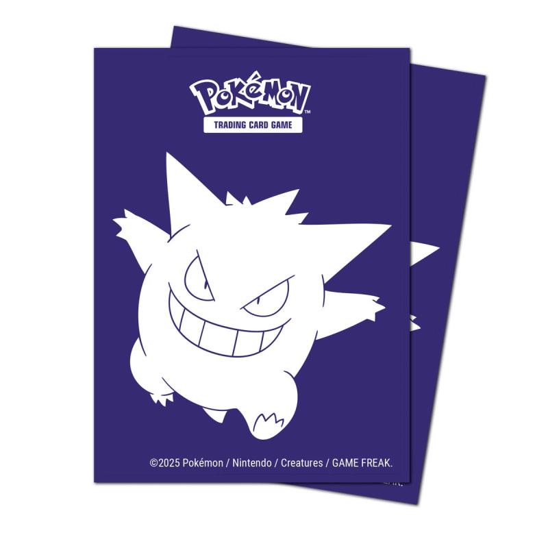 An image shows 2 card sleeves fanned out. Each sleeve is purple with a white illustration of a gengar on it.