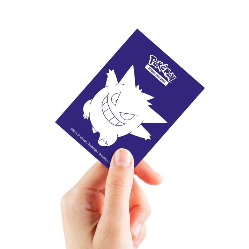 An image shows 1 card sleeve held in a hand. The sleeve is purple with a white illustration of a gengar on it.