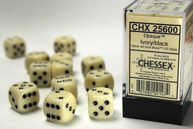 Chessex Opaque Ivory/Black 16mm D6 12 Dice (25600)