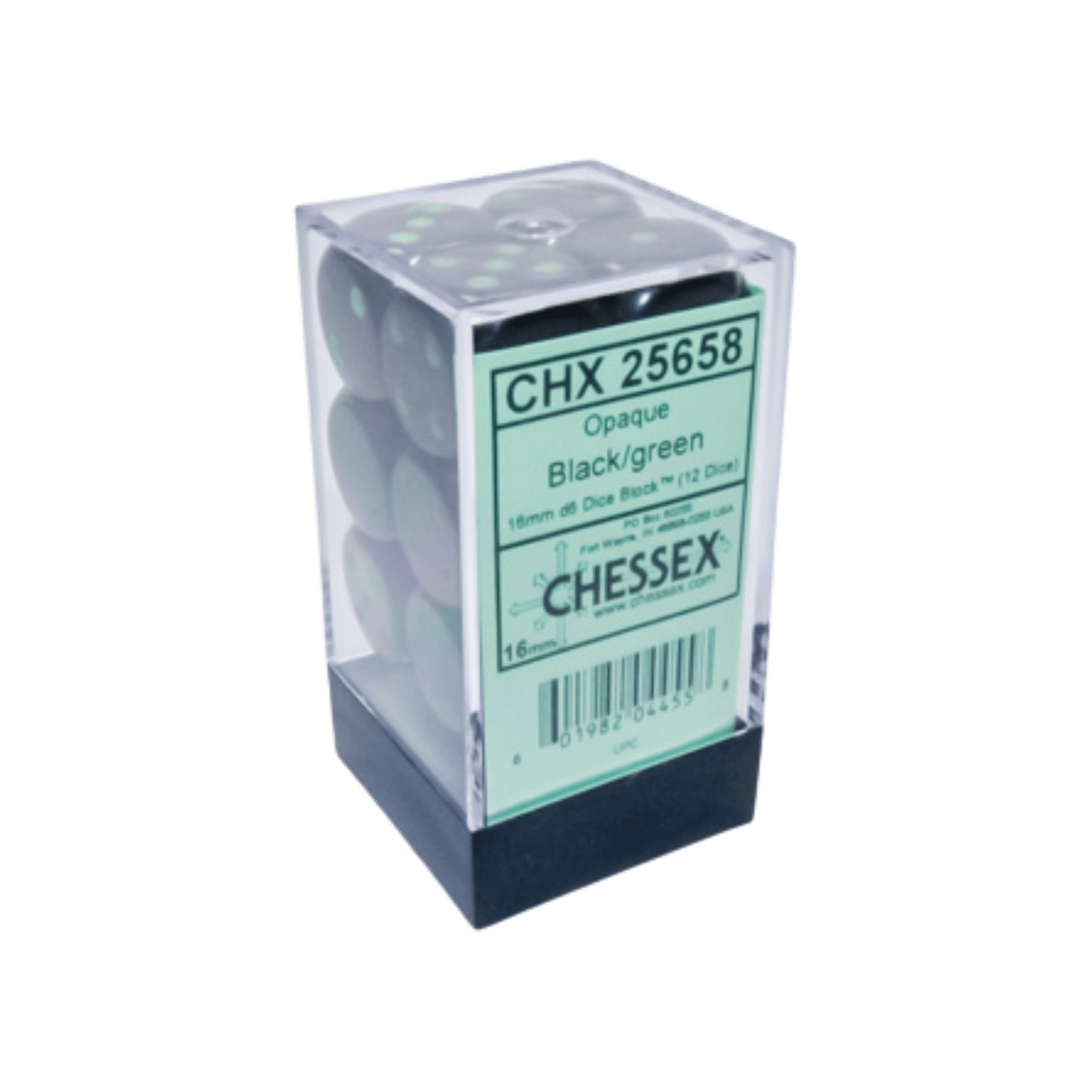 Chessex Opaque Black/Green 16mm D6 12 Dice (25658)