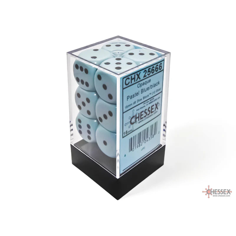 Chessex Opaque Pastel Blue/Black 16mm D6 12 Dice (25666)