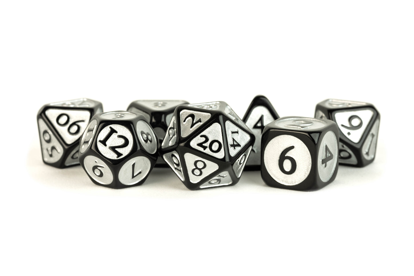 FanRoll Enamel Acrylic 7 Dice set Black w/ Silver 16mm