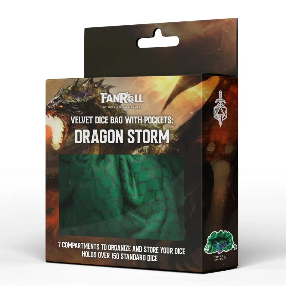 FanRoll Velvet Dice Bag with Pockets: Dragon Storm (Green)