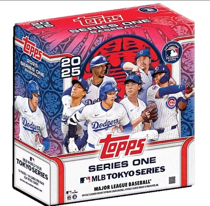 A white red and blue box bearing the Topps logo has many players dressed in the dodgers outfits.