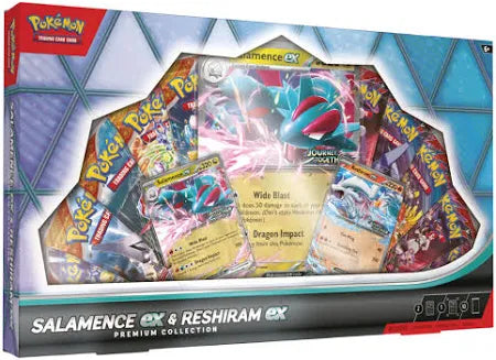 front view of the salamence ex and reshiram ex box