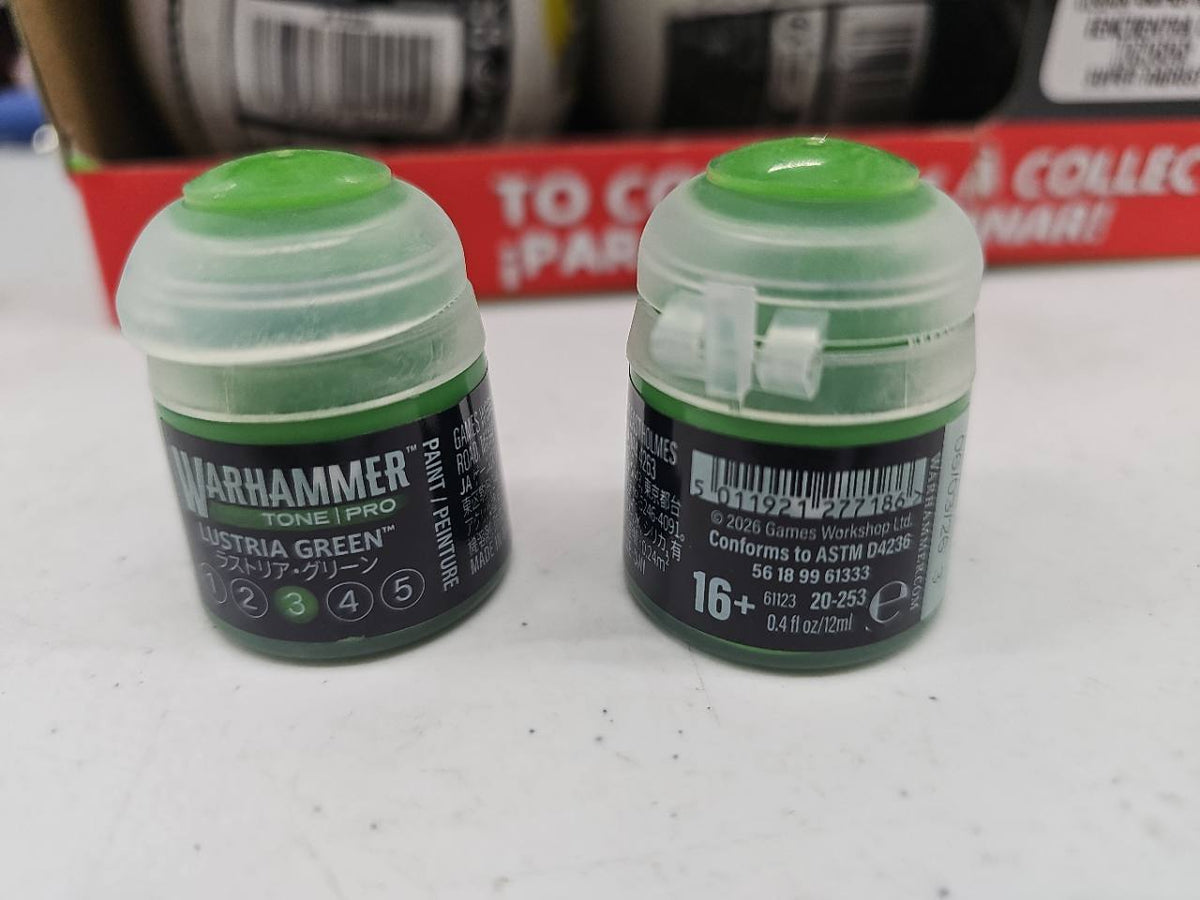 Warhammer Tone Pro Lustria Green 3 12 mL, front and back label views; sold individually