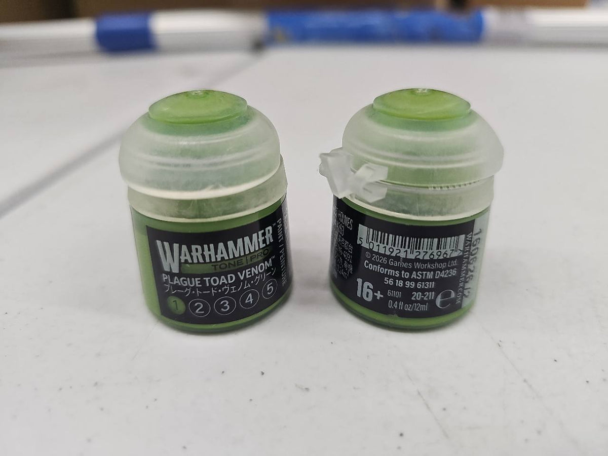 Warhammer Tone Pro Plague Toad Venom 1 12 mL, front and back label views; sold individually