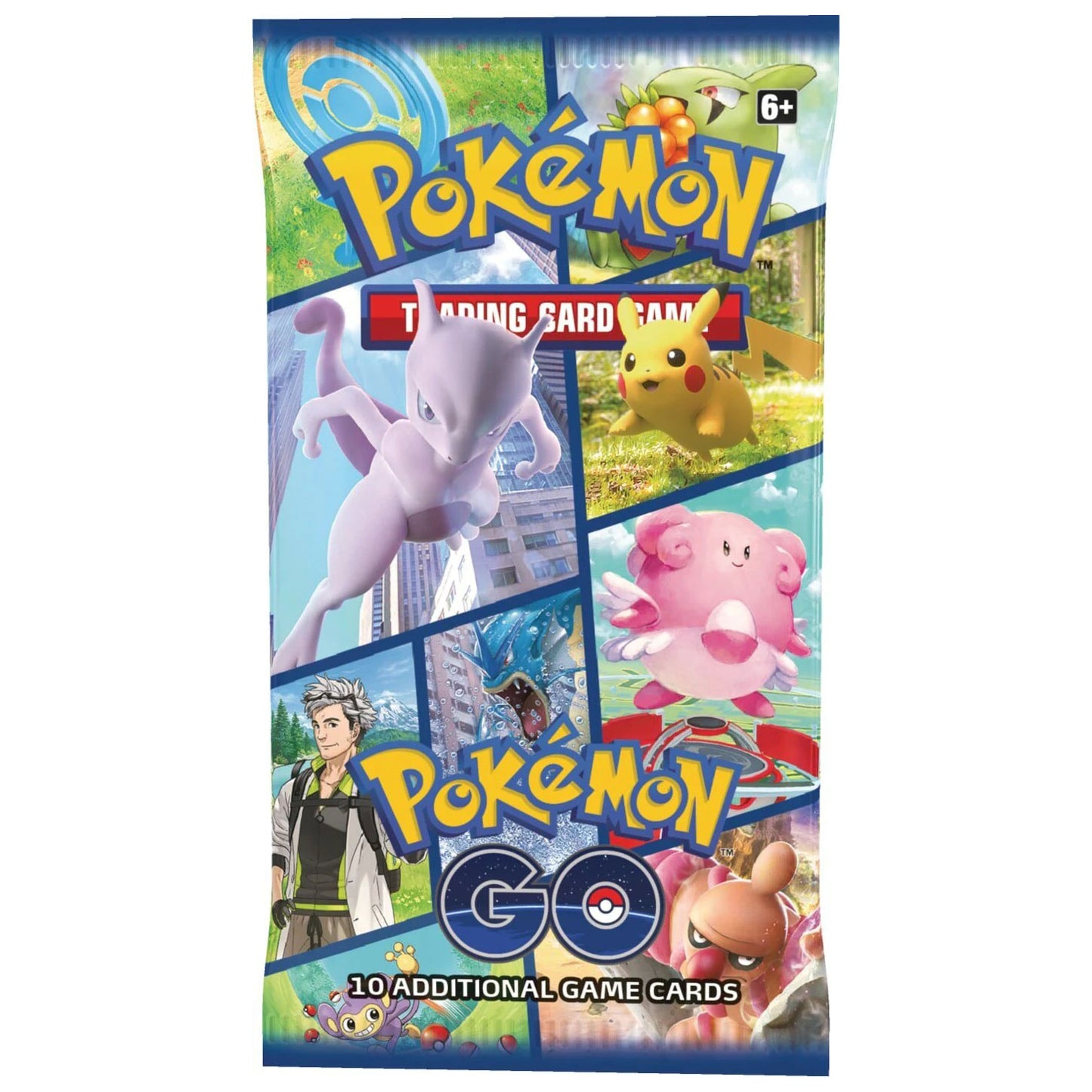 A single booster pack of Pokemon Go is displayed, which shows a giant mewtwo, a pikachu, blissey, and some other friends from Pokemon GO.