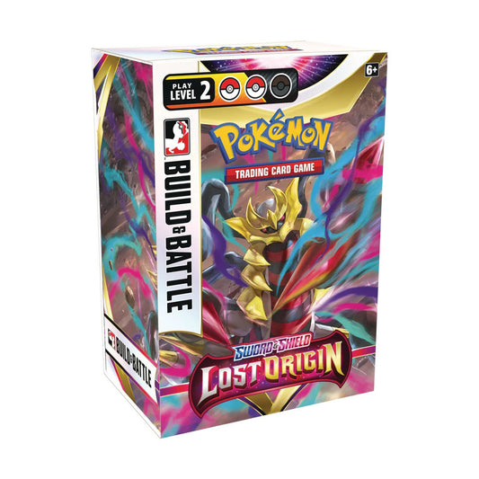 Lost Origin Build & Battle. The front view of the box shows Giratina in a burst of colours with the logo "Lost Origin" emblazened across the front.