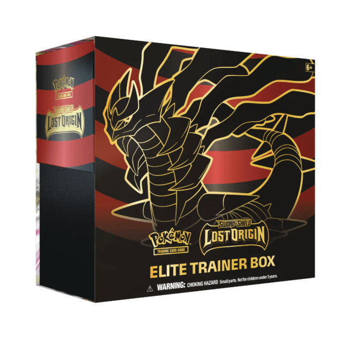 This is the elite trainer box for Lost Origin. It features a gold and black Giratina on a sea of black and red stripes.