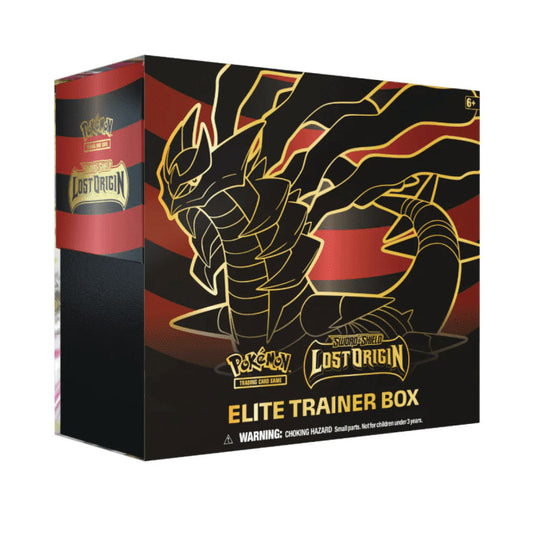 This is the elite trainer box for Lost Origin. It features a gold and black Giratina on a sea of black and red stripes. 