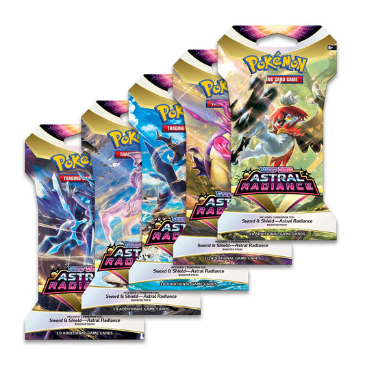 This image depicts 5 variants of astral radiant pokemon card packs - there are 5 different art versions: Hisuian Typhlosion, Hisuian, Samurott, Hisuian Decidueye, Palkia, and Dialga.