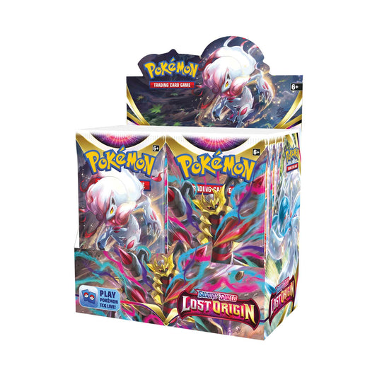 45 degree front angle view of lost origin booster box. Each box contains 36 packs of cards. Each pack contains 10 cards, in addition to an Energy or Vstar card. 