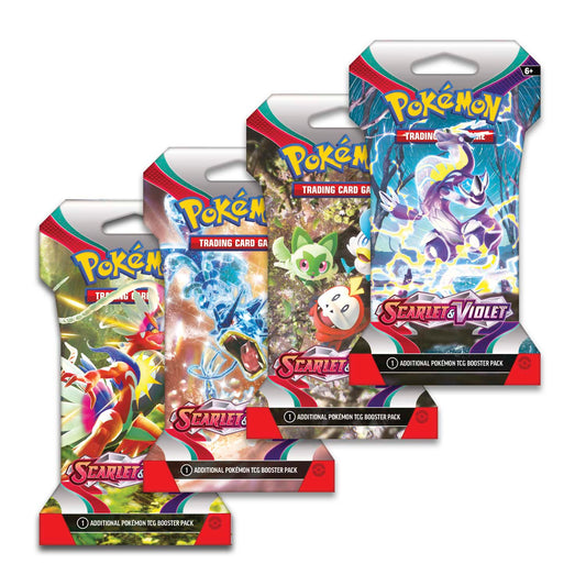 image shows the 4 possible artworks available on a sleeved booster.