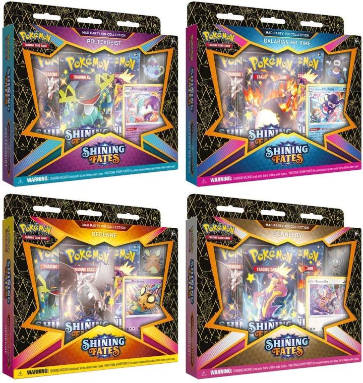 This image shows all 4 variants of the Shining Fates Mad Party Pin Collection. Front top left going clockwise: Dragapult, Galarian Mr. Rime, Bunnelby, and Dedenne.