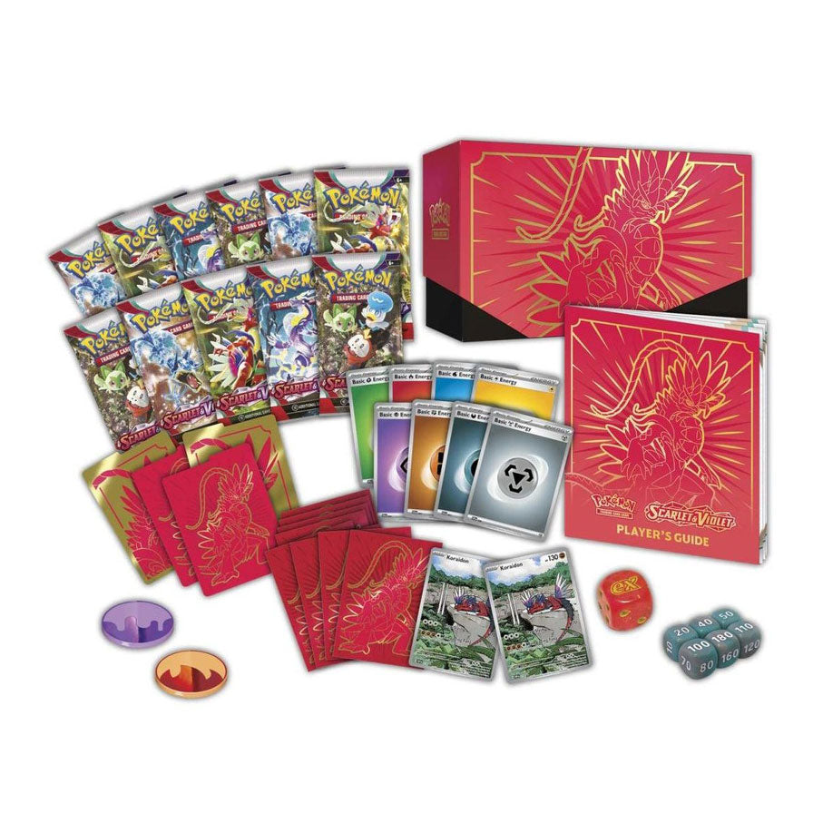 contents of the koraidon elite trainer box include 10 packs, dividers, sleeves, energy cards, counters, dice, and a player's guide - all inside a collectible box.