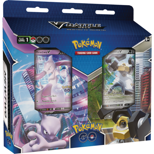 front view of the mewtwo vs. melmetal battle deck bundle. It shows both promo cards.