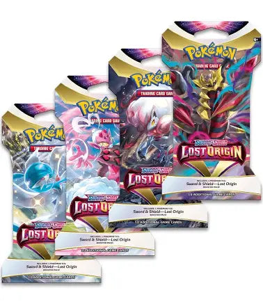 Image shows the 4 variants or pack arts of the lost origin sleeved booster: Giratina, Zoroark, Gardevoir, and Enamorus