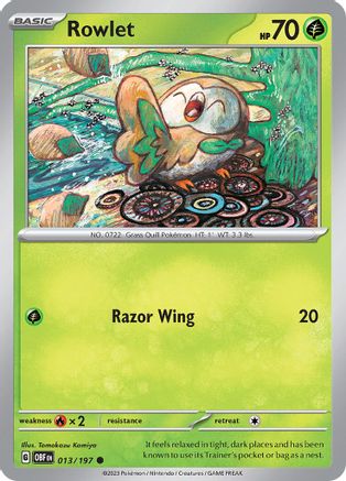 Rowlet 013/197  - Reverse Holofoil SV03 Obsidian Flames - Common