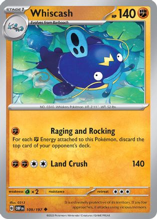 Whiscash 109/197  - Reverse Holofoil SV03 Obsidian Flames - Uncommon