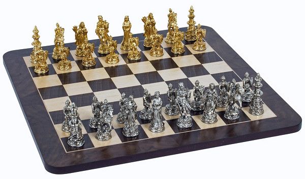 Chess Set – Medieval Pewter Pieces & Walnut Dark Brown & Natural Board