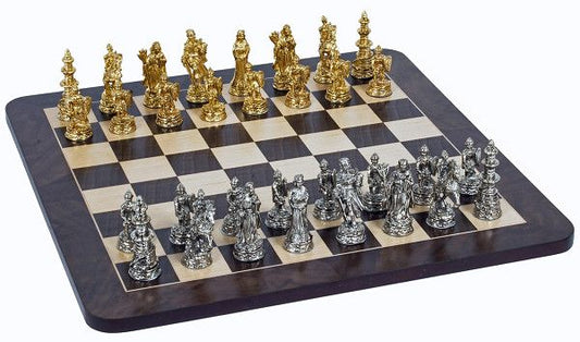 Chess Set – Medieval Pewter Pieces & Walnut Dark Brown & Natural Board