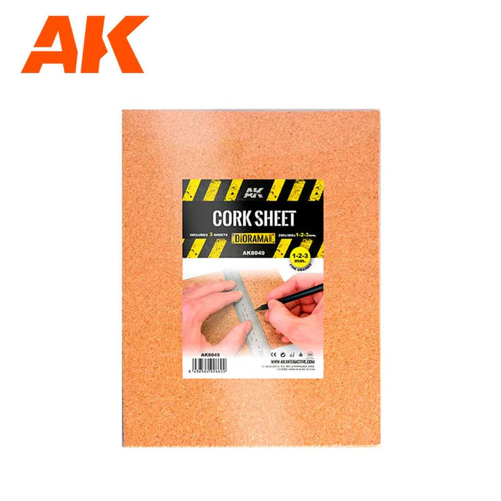 AK Interactive | Cork Sheets - Fine Grained - 200 X 300 X 1-2-3mm (3 Sheets)