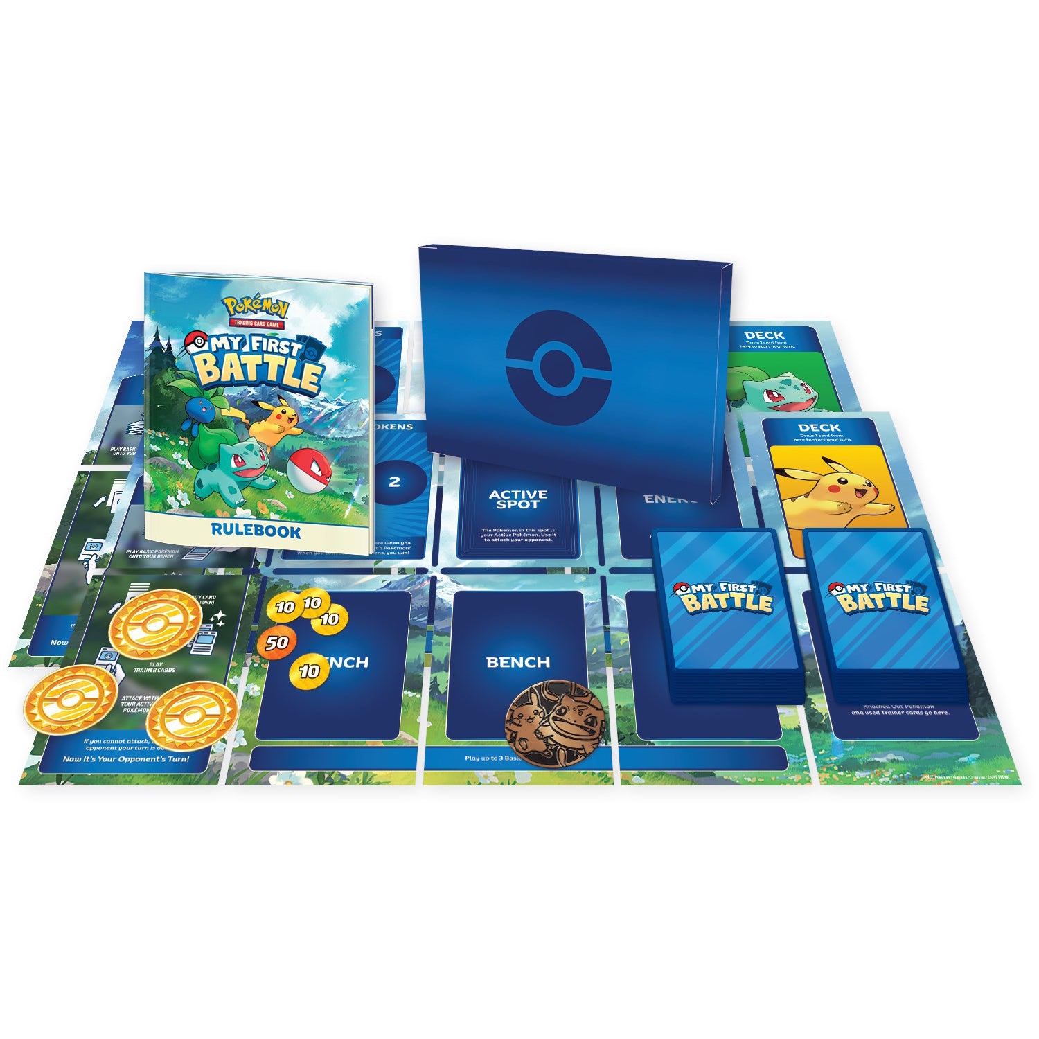 the contents of the box include a rulebook, paper playmat, counters, a coin, and a 17-card deck.