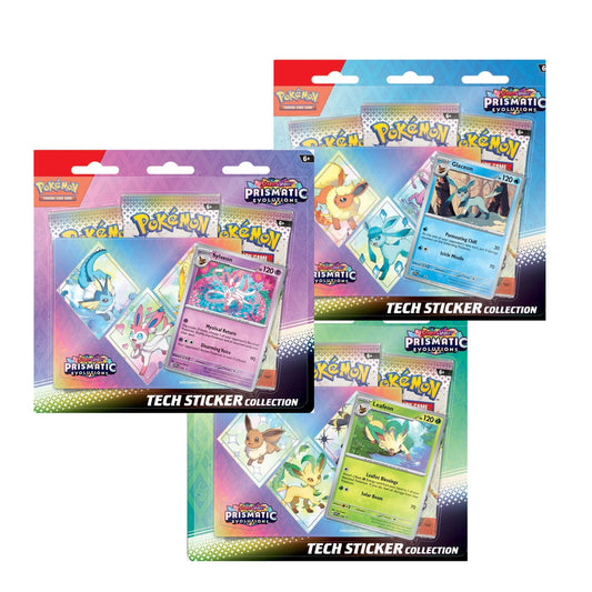 Picture of 3 Tech Sticker collection packs, 3 varieties are displayed: Glaceon, Sylveon, and Leafeon.