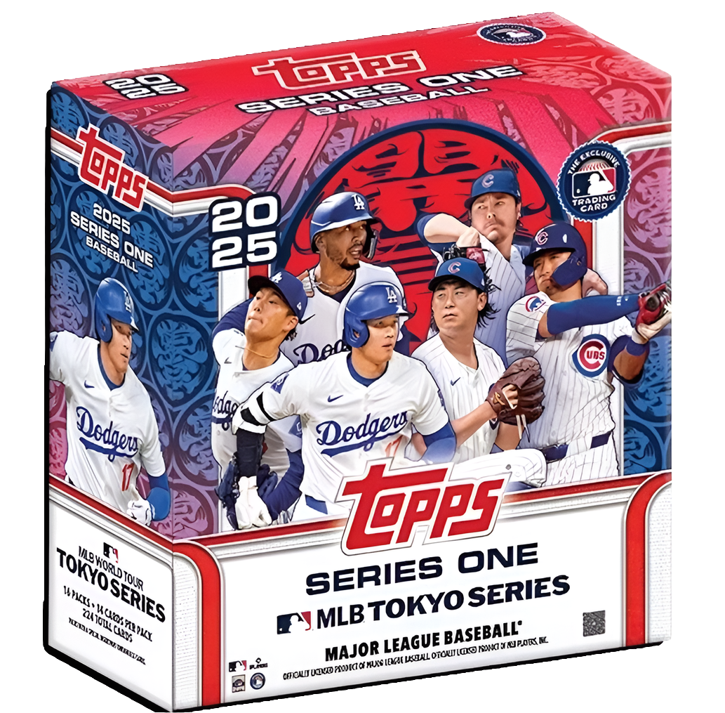 A white red and blue box bearing the Topps logo has many players dressed in the dodgers outfits. 