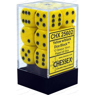 Chessex Opaque Yellow/Black 16mm D6 12 Dice (25602)