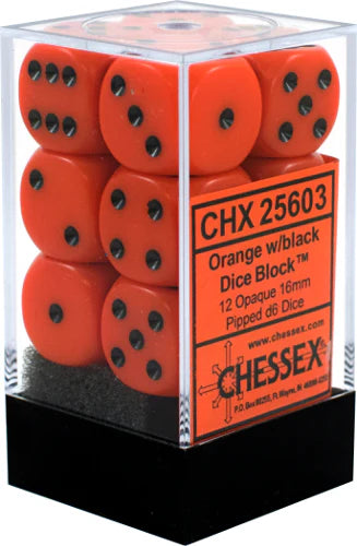 Chessex Opaque Orange/Black 16mm D6 12 Dice (25603)