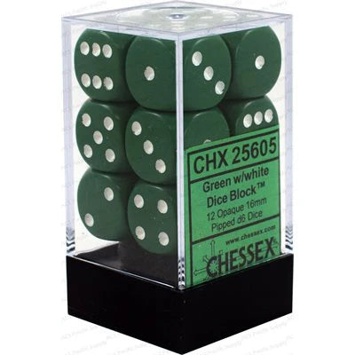 Chessex Opaque Green/White 16mm D6 12 Dice (25605)