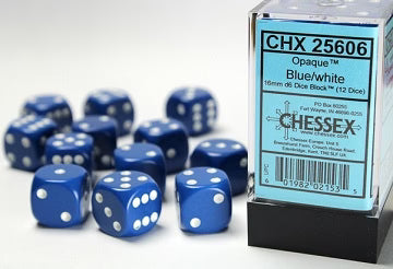 Chessex Opaque Blue/White 16mm D6 12 Dice (25606)