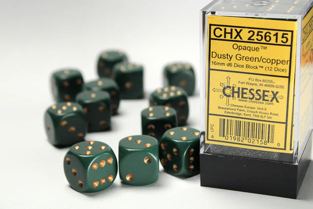 Chessex Opaque Dusty Green/Copper 16mm D6 12 Dice (25615)