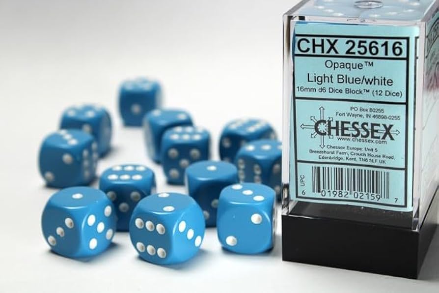 Chessex Opaque Light Blue/White 16mm D6 12 Dice (25616)