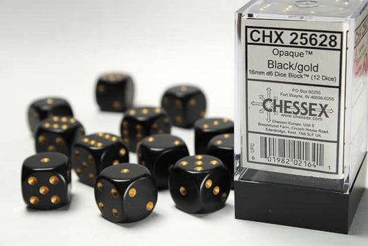 Chessex Opaque Black/Gold 16mm D6 12 Dice (25628)