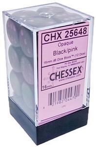 Chessex Opaque Black/Pink 16mm D6 12 Dice (25648)
