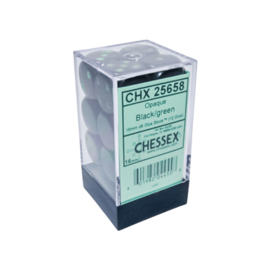 Chessex Opaque Black/Green 16mm D6 12 Dice (25658)