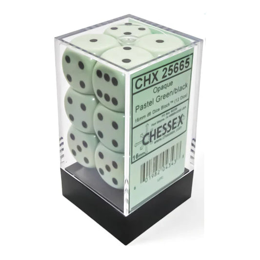 Chessex Opaque Pastel Green/Black 16mm D6 12 Dice (25665)