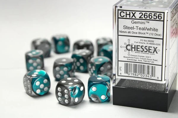 Chessex Gemini Steel-Teal/White 16mm D6 12 Dice (26656)