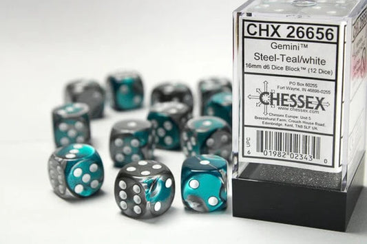 Chessex Gemini Steel-Teal/White 16mm D6 12 Dice (26656)